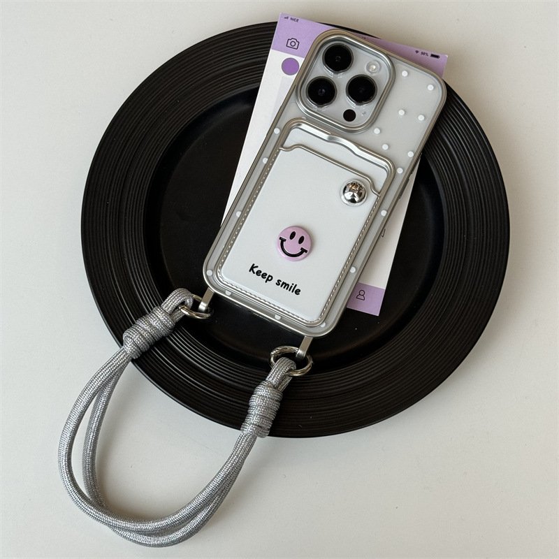 White Electroplating Shell Lanyard Phone Case With Strap Rope Back Cover For Iphone 12 13 14 15 16 Pro Max Keep Smile