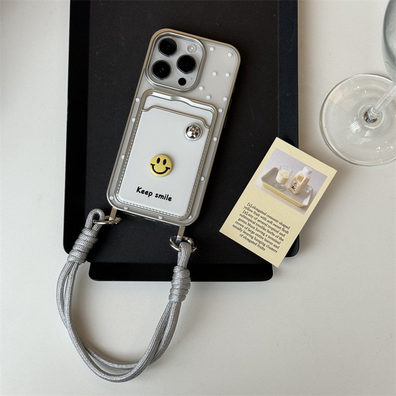 White Electroplating Shell Lanyard Phone Case With Strap Rope Back Cover For Iphone 12 13 14 15 16 Pro Max Keep Smile