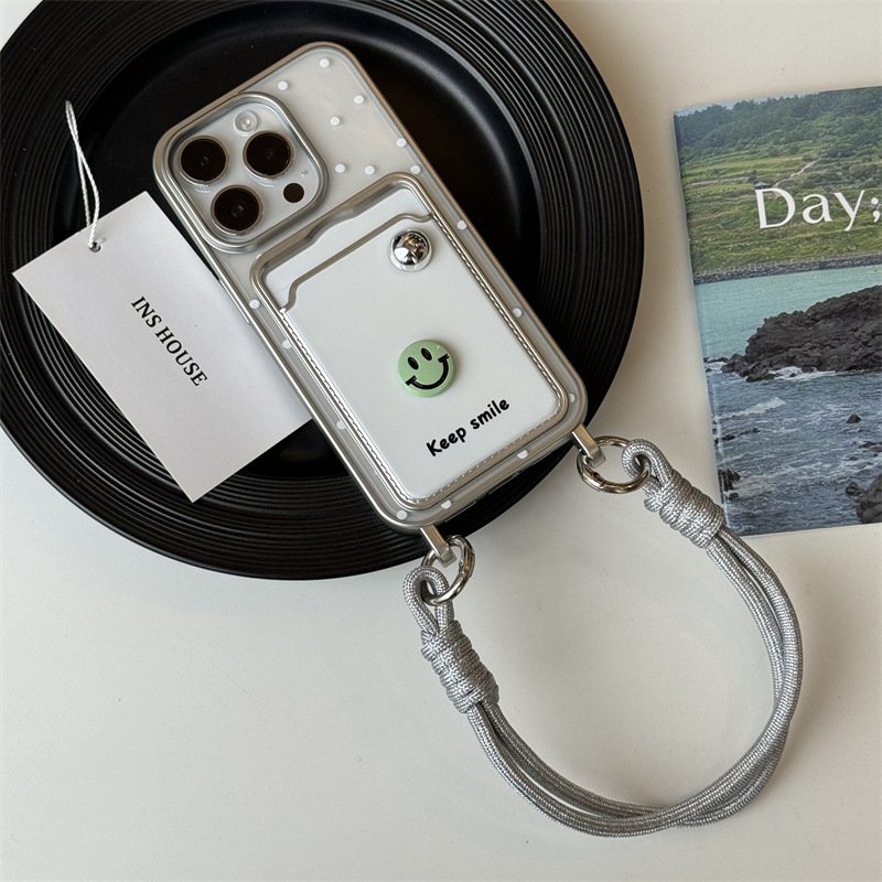 White Electroplating Shell Lanyard Phone Case With Strap Rope Back Cover For Iphone 12 13 14 15 16 Pro Max Keep Smile