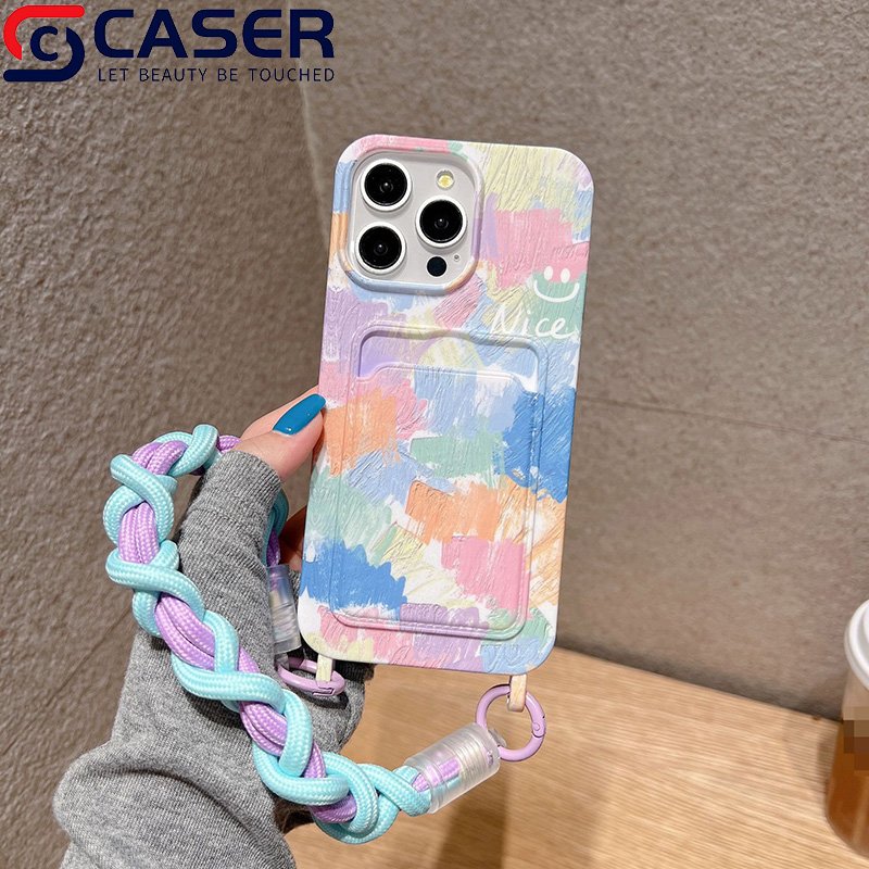 For Iphone 16 15 14 13 12 Mobile Phone Case With Wrist Strap Lanyard Card Slot Holder Crayon Painting Pattern Phone Covers