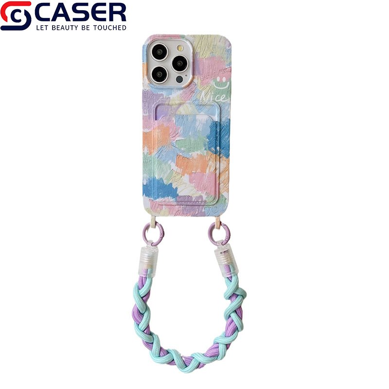 For Iphone 16 15 14 13 12 Mobile Phone Case With Wrist Strap Lanyard Card Slot Holder Crayon Painting Pattern Phone Covers