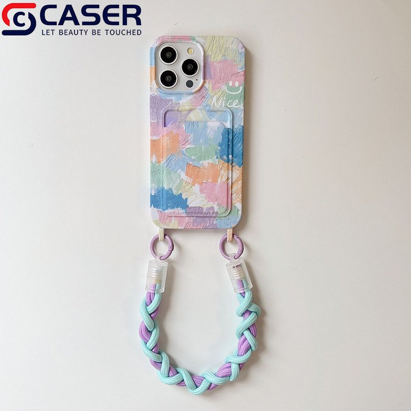 For Iphone 16 15 14 13 12 Mobile Phone Case With Wrist Strap Lanyard Card Slot Holder Crayon Painting Pattern Phone Covers