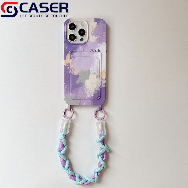 For Iphone 16 15 14 13 12 Mobile Phone Case With Wrist Strap Lanyard Card Slot Holder Crayon Painting Pattern Phone Covers