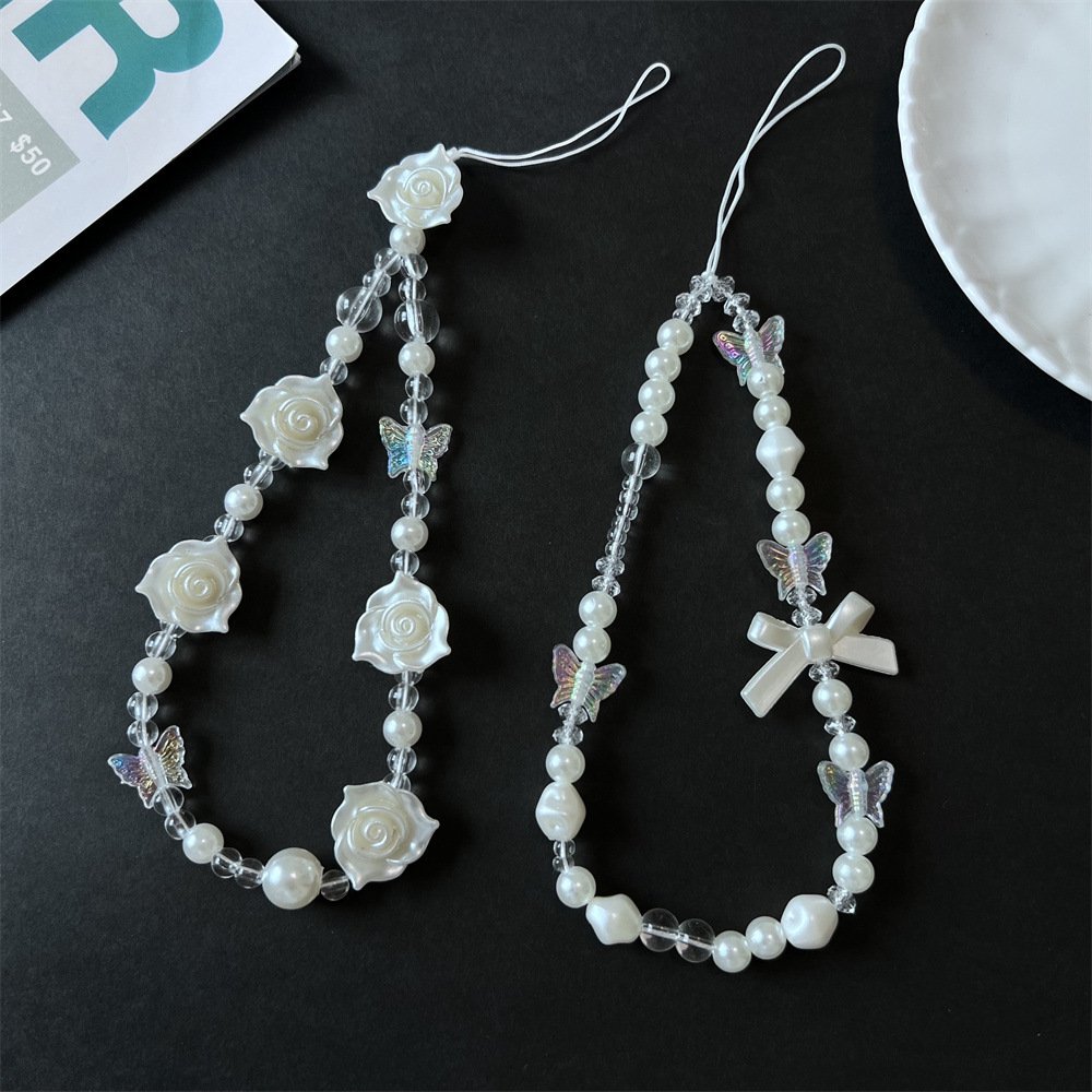 Universal Phone Case Hanging Rope White Flower Mobile Phone Lanyard Strap Sweet Butterfly Pendant Pearl Beads Phone Chain Strap