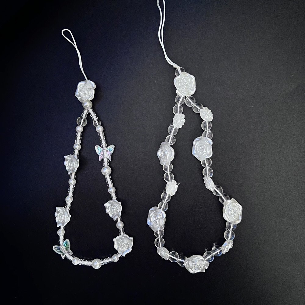 Universal Phone Case Hanging Rope White Flower Mobile Phone Lanyard Strap Sweet Butterfly Pendant Pearl Beads Phone Chain Strap