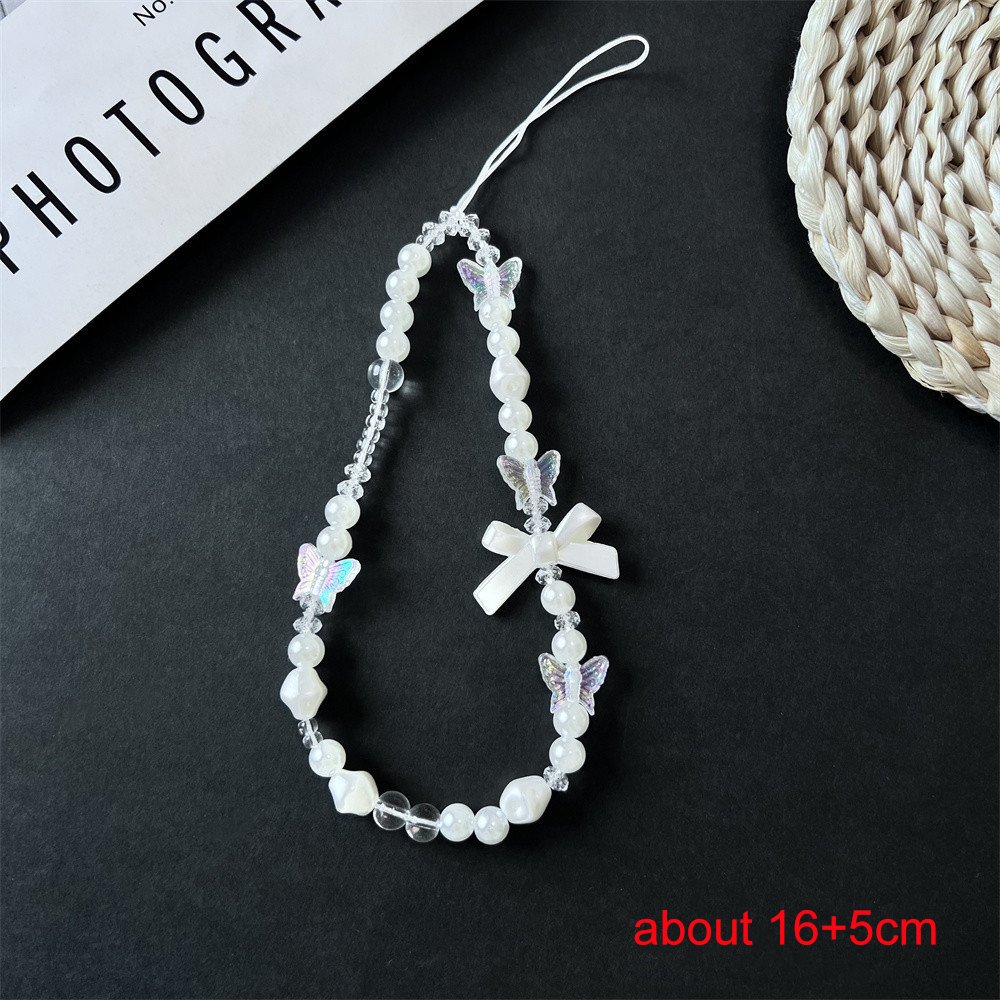 Universal Phone Case Hanging Rope White Flower Mobile Phone Lanyard Strap Sweet Butterfly Pendant Pearl Beads Phone Chain Strap