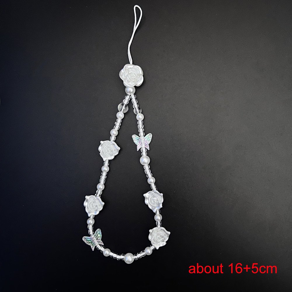 Universal Phone Case Hanging Rope White Flower Mobile Phone Lanyard Strap Sweet Butterfly Pendant Pearl Beads Phone Chain Strap