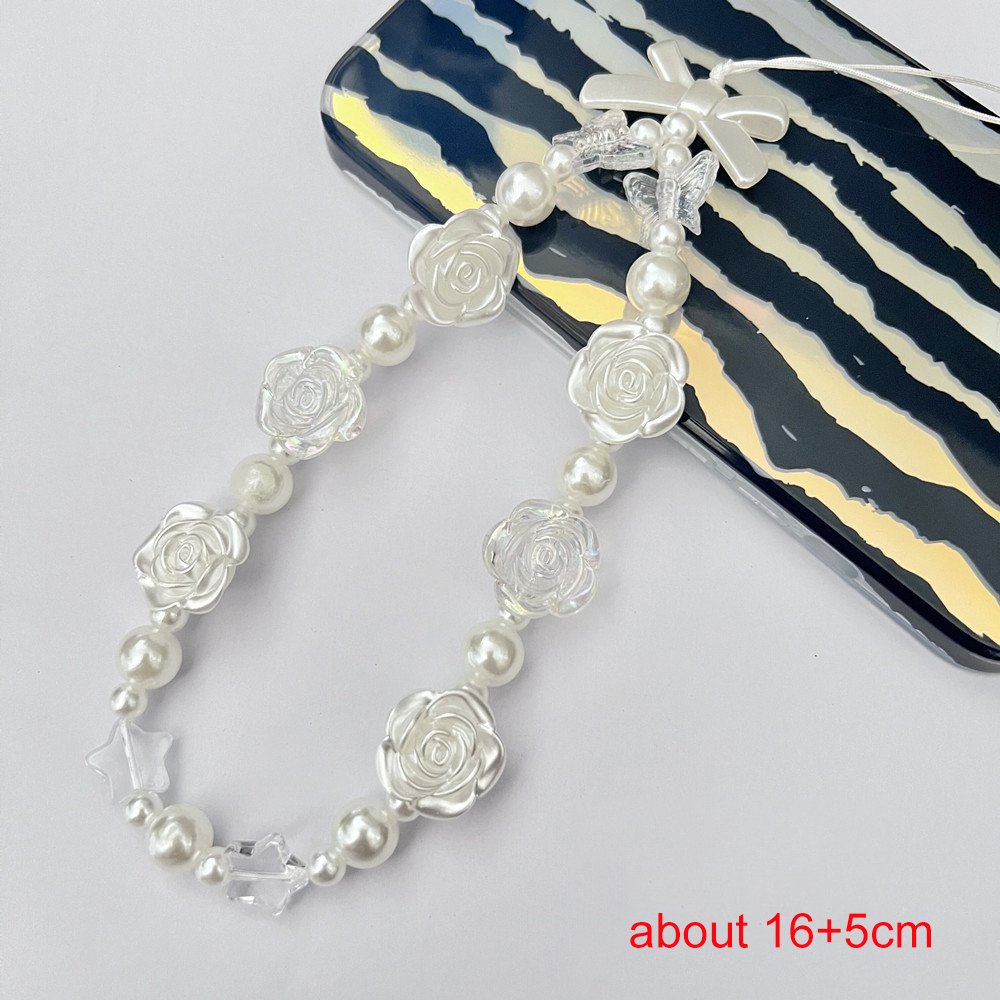 Universal Phone Case Hanging Rope White Flower Mobile Phone Lanyard Strap Sweet Butterfly Pendant Pearl Beads Phone Chain Strap