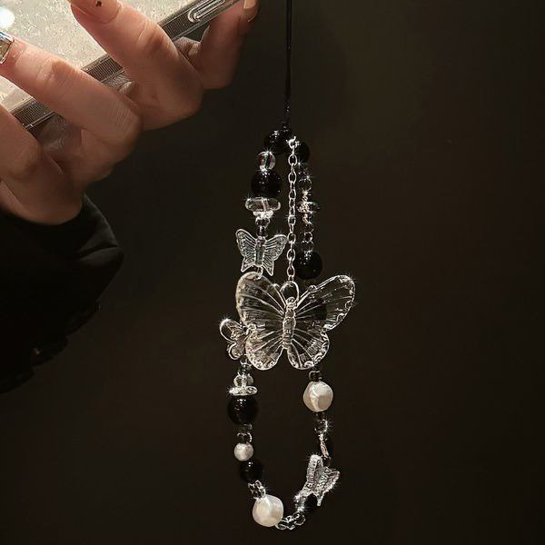 Butterfly Clear Bead Phone Strap Charm Chain Knot Cellphone Lanyard Keychain Bag Camera Bowknot Pendant For Airpods Cover