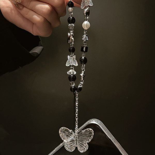 Butterfly Clear Bead Phone Strap Charm Chain Knot Cellphone Lanyard Keychain Bag Camera Bowknot Pendant For Airpods Cover