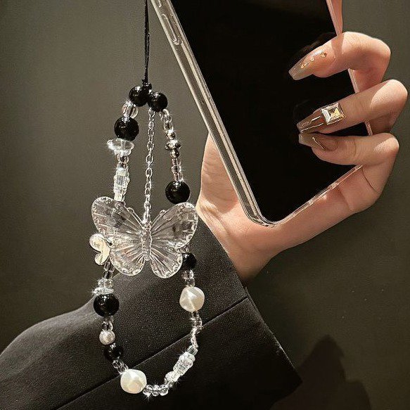 Butterfly Clear Bead Phone Strap Charm Chain Knot Cellphone Lanyard Keychain Bag Camera Bowknot Pendant For Airpods Cover