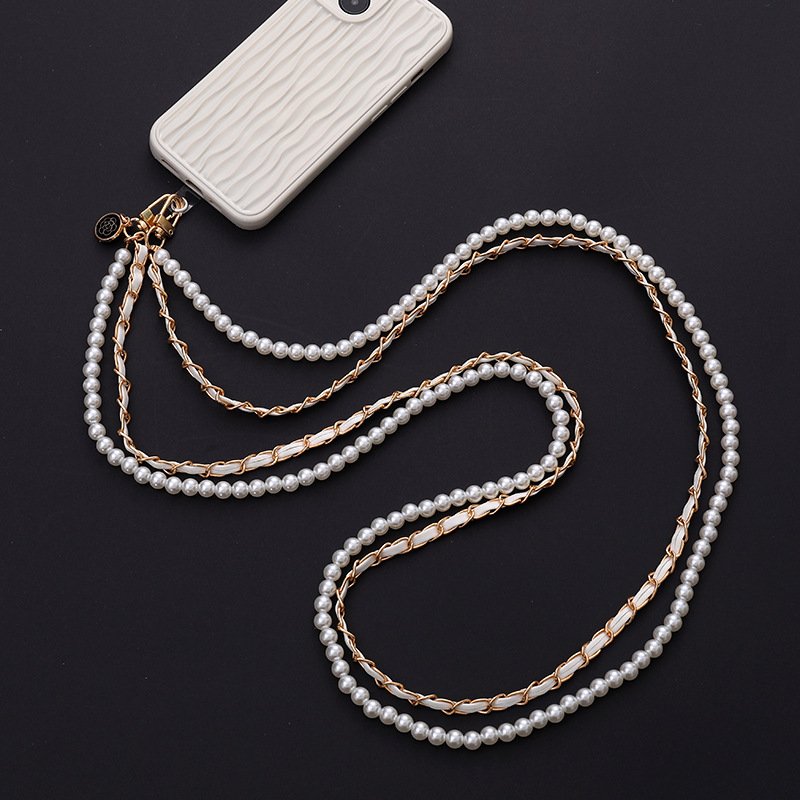 Universal Long Gold Metal Chain Pearl Beaded Mobile Phone Strap Lanyard Holder With Patch Custom Logo Crossbody Phone Necklace