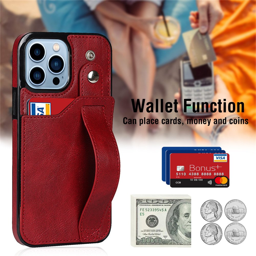 OEM Embossed Logo Leather Phone Case Shockproof Mobile Phone Cases with Card Holder and Wrist Strap for iPhone 15 Pro Max