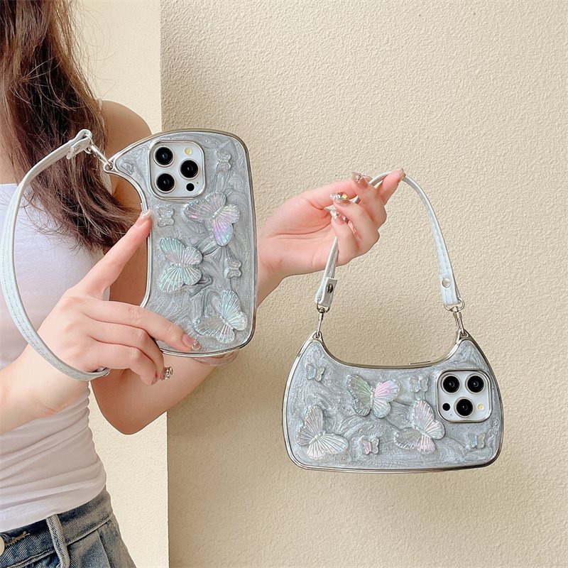 The new three-dimensional drip glue butterfly fashion mobile phone case for iPhone16 15promax 14pro fall 13 12 portable rope 11