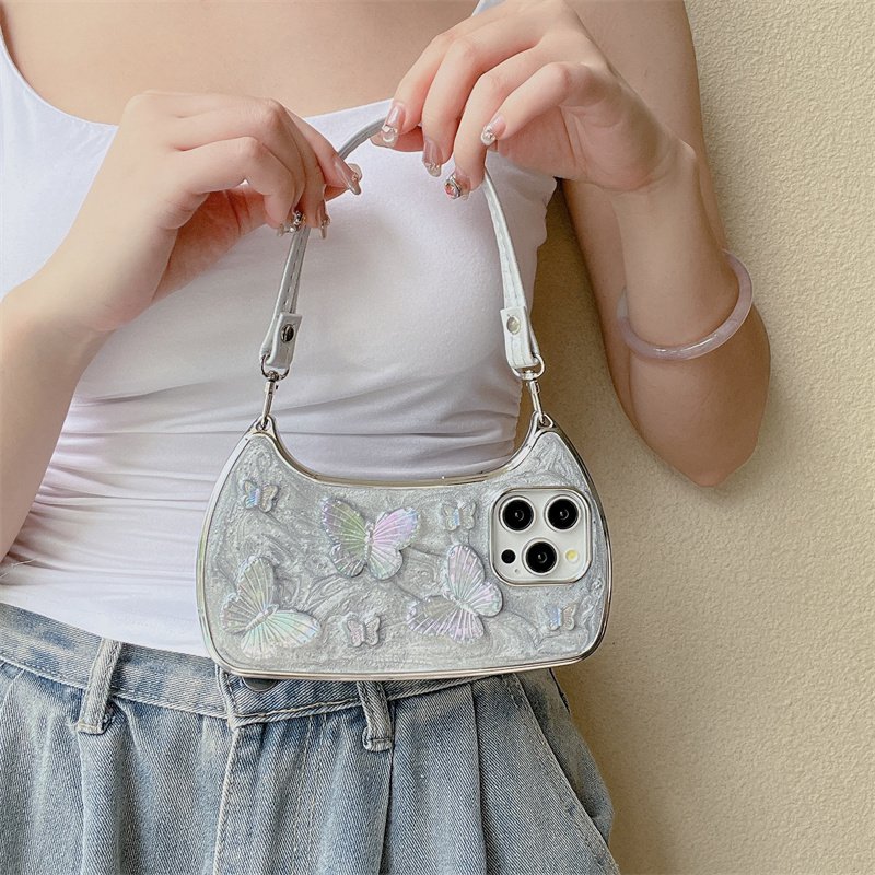The new three-dimensional drip glue butterfly fashion mobile phone case for iPhone16 15promax 14pro fall 13 12 portable rope 11