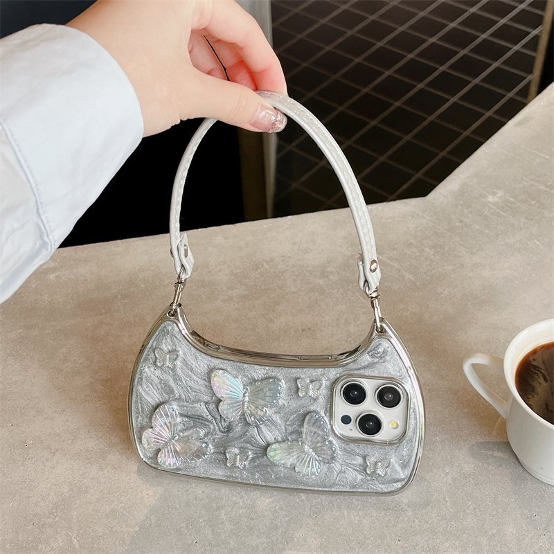 The new three-dimensional drip glue butterfly fashion mobile phone case for iPhone16 15promax 14pro fall 13 12 portable rope 11