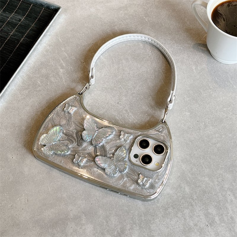 The new three-dimensional drip glue butterfly fashion mobile phone case for iPhone16 15promax 14pro fall 13 12 portable rope 11