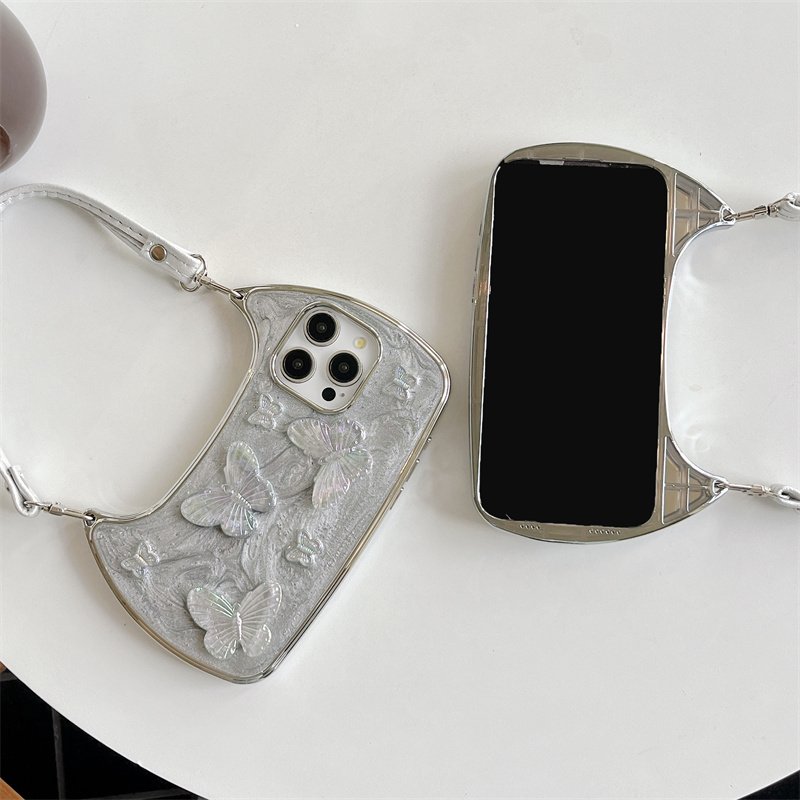 The new three-dimensional drip glue butterfly fashion mobile phone case for iPhone16 15promax 14pro fall 13 12 portable rope 11