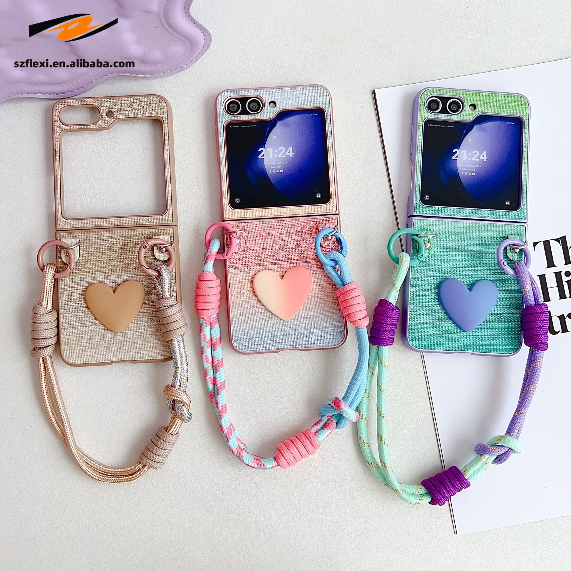 With Strap Hot Product For Samsung Galaxy Z Flip3 4 5 Colorful PU Leather Texture PC Protection Phone Case
