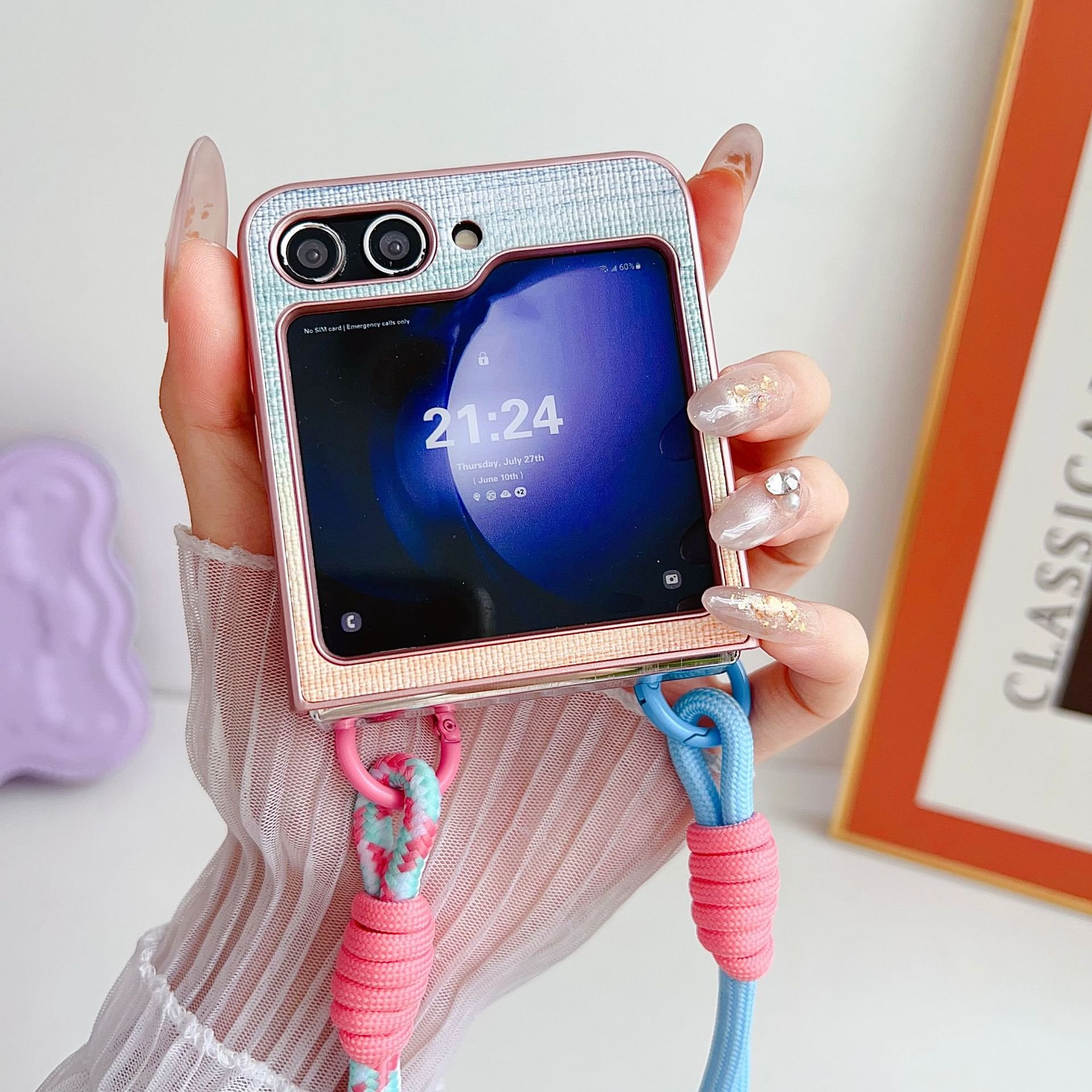 With Strap Hot Product For Samsung Galaxy Z Flip3 4 5 Colorful PU Leather Texture PC Protection Phone Case
