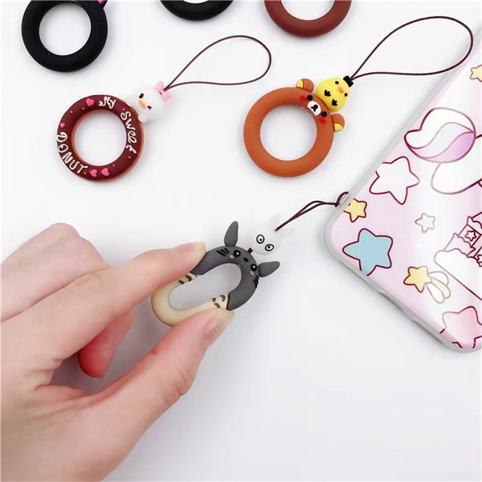 Short Cute Cartoon Finger Ring Phone Strap Silicone Pendent Mobile Phone Lanyard Donuts Charm Strap for Airpods Key ID Card