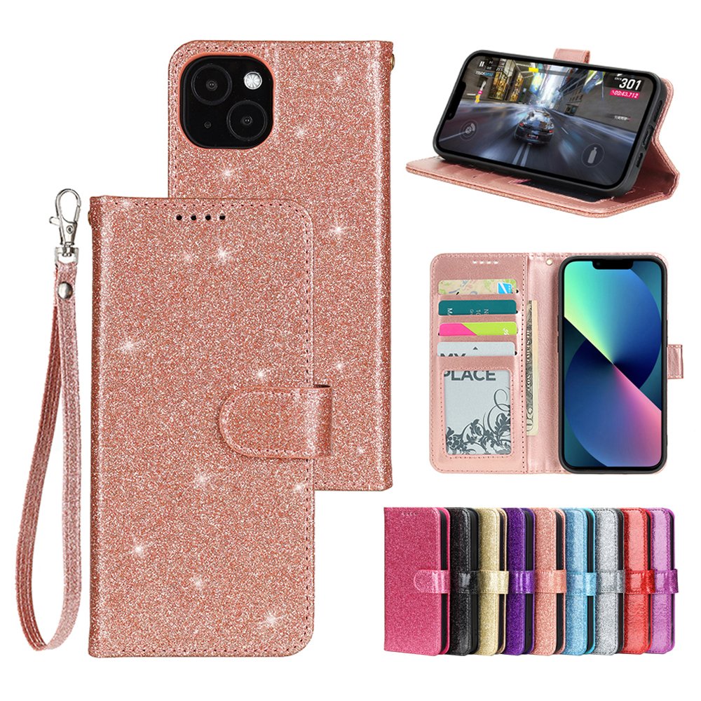 Bling Glitter Leather Case with Phone Strap For iPhone 16 15 Plus 14 12 11 13 Pro Max Wallet Cases For Girls