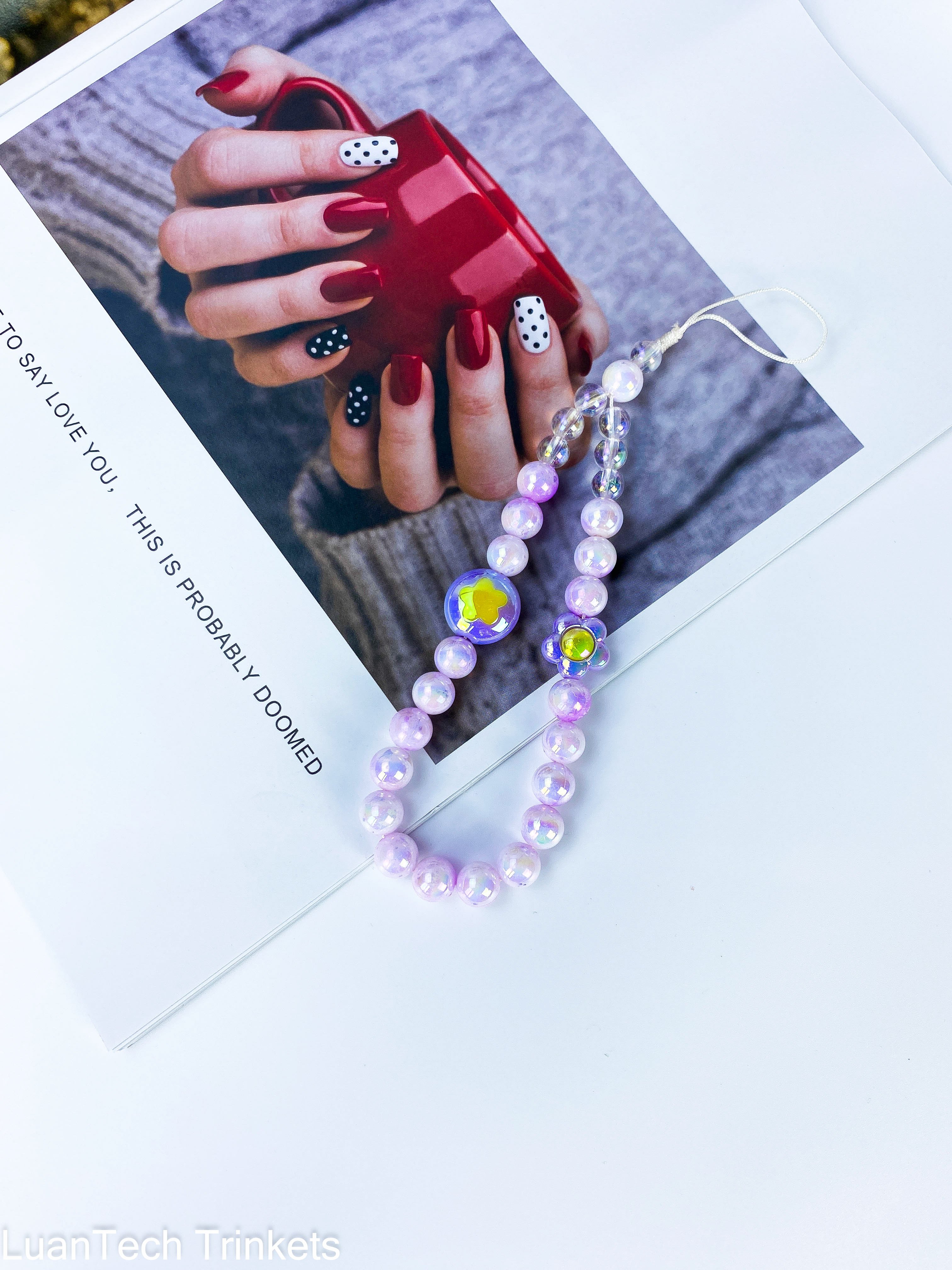New Design Coloful Beaded Phone Chain Flowers Heart Love DIY Phone Charms Chain Acrylic Cell Phone Strap