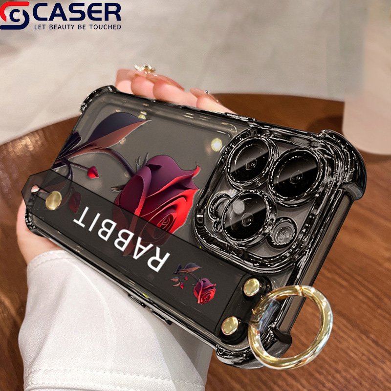 Hot Sale Red Rose Wrist Strap Holder Transparent Phone Case Shockproof Protection Mobile Phone Cover For Iphone 16 15 14 13 12