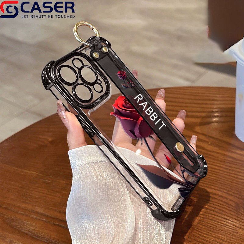 Hot Sale Red Rose Wrist Strap Holder Transparent Phone Case Shockproof Protection Mobile Phone Cover For Iphone 16 15 14 13 12