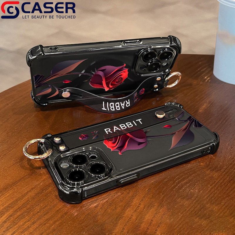 Hot Sale Red Rose Wrist Strap Holder Transparent Phone Case Shockproof Protection Mobile Phone Cover For Iphone 16 15 14 13 12