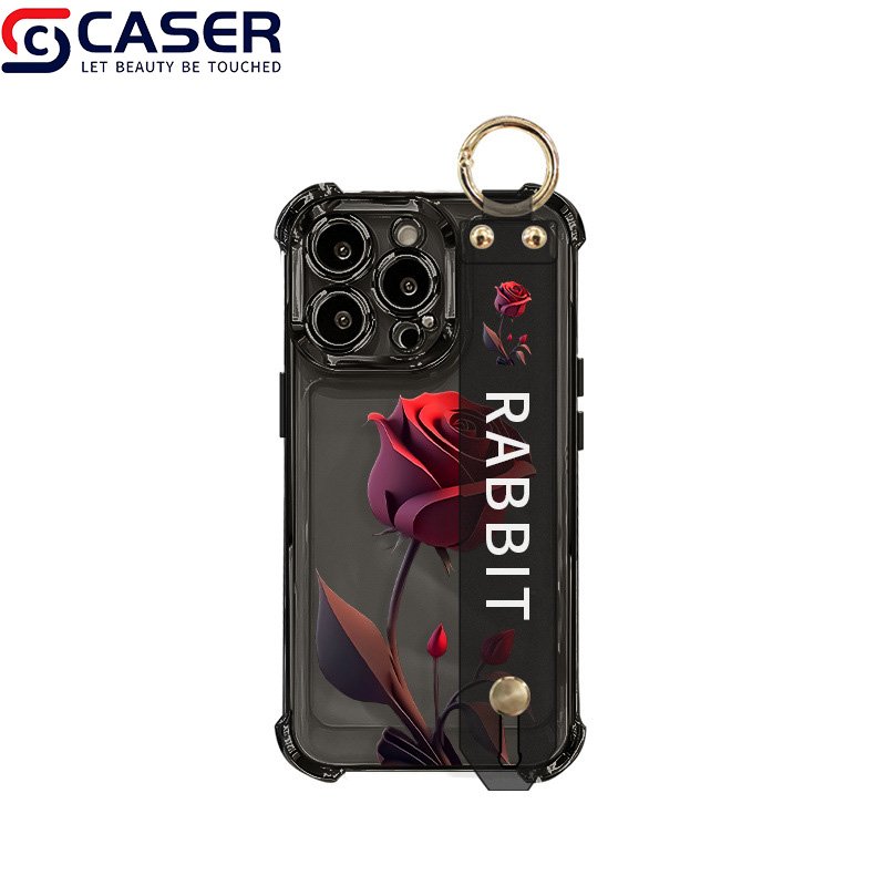 Hot Sale Red Rose Wrist Strap Holder Transparent Phone Case Shockproof Protection Mobile Phone Cover For Iphone 16 15 14 13 12