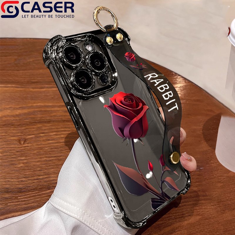 Hot Sale Red Rose Wrist Strap Holder Transparent Phone Case Shockproof Protection Mobile Phone Cover For Iphone 16 15 14 13 12