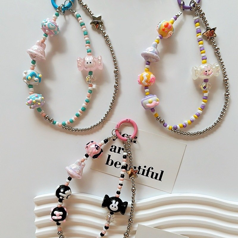 Hand-Painted Acrylic Donut Keychain Pendant Small Bead with Color Chain for Key and Bag Decoration Mobile Phone Chains