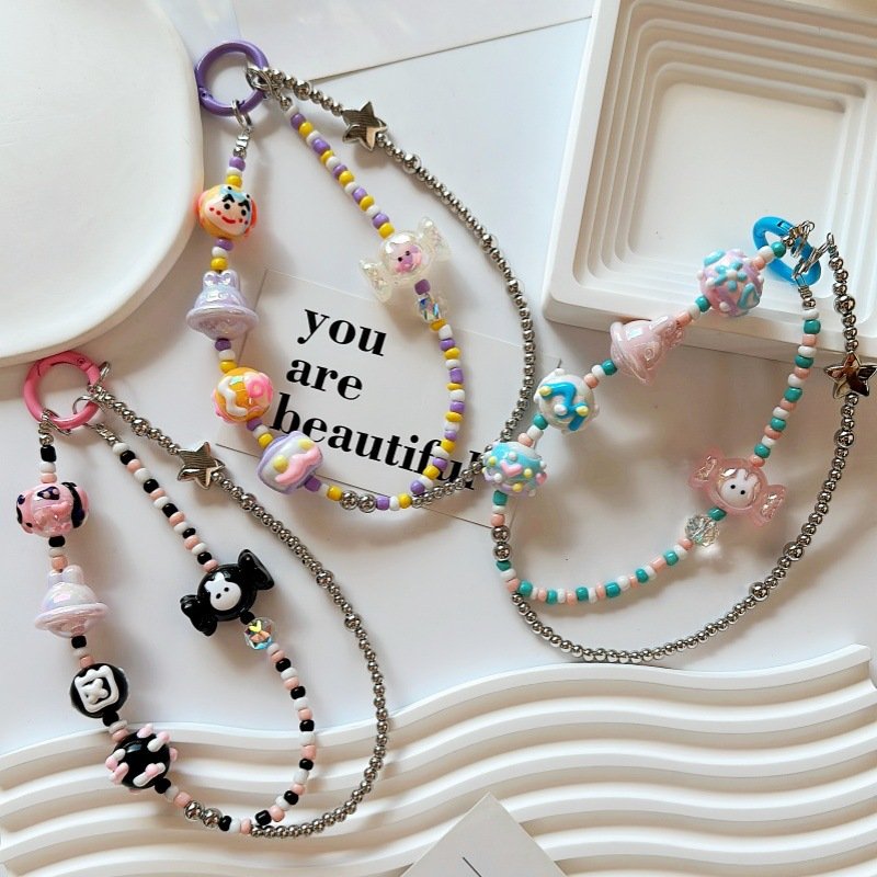 Hand-Painted Acrylic Donut Keychain Pendant Small Bead with Color Chain for Key and Bag Decoration Mobile Phone Chains
