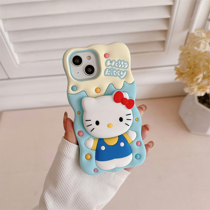 Cute Kitty 3D Silicone holder Mobile Phone Case For iPhone 16 15 14 13 12 11 Pro max Cat stand Cartoon Shockproof Back Cover