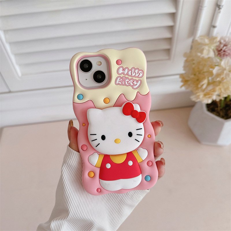 Cute Kitty 3D Silicone holder Mobile Phone Case For iPhone 16 15 14 13 12 11 Pro max Cat stand Cartoon Shockproof Back Cover