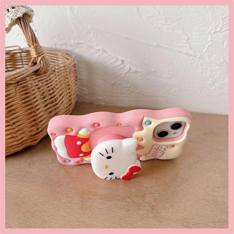 Cute Kitty 3D Silicone holder Mobile Phone Case For iPhone 16 15 14 13 12 11 Pro max Cat stand Cartoon Shockproof Back Cover