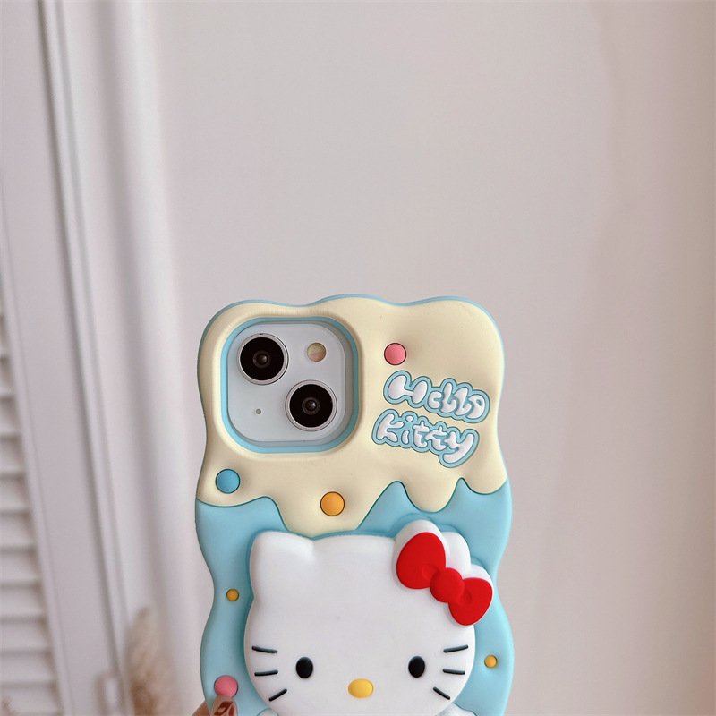 Cute Kitty 3D Silicone holder Mobile Phone Case For iPhone 16 15 14 13 12 11 Pro max Cat stand Cartoon Shockproof Back Cover