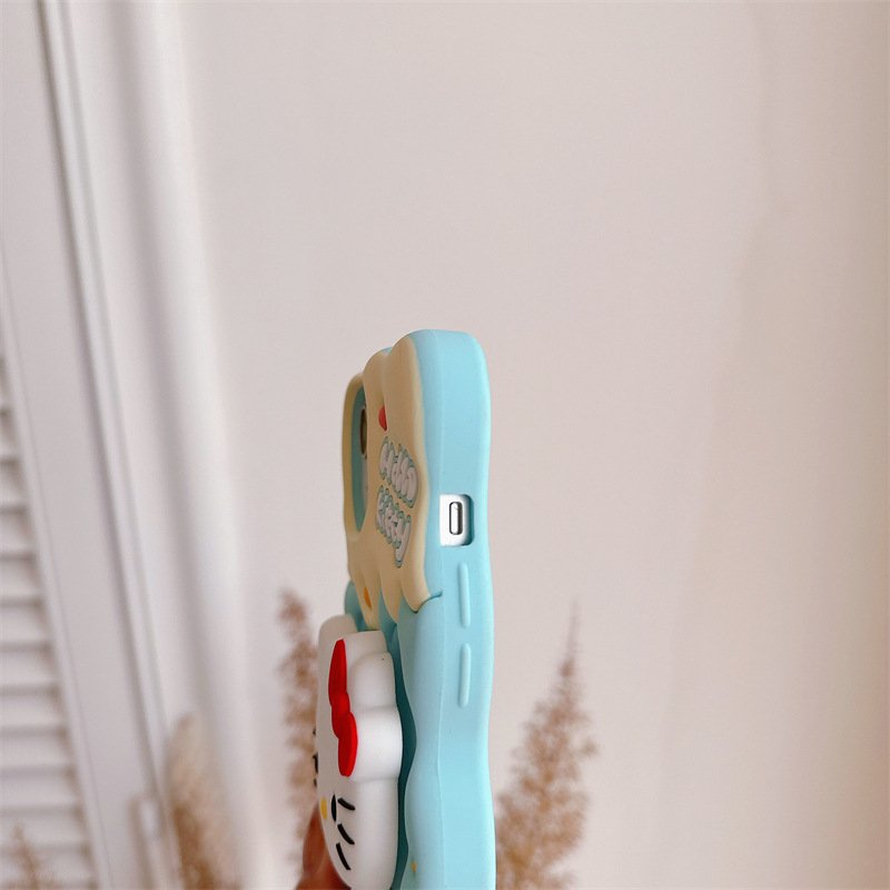 Cute Kitty 3D Silicone holder Mobile Phone Case For iPhone 16 15 14 13 12 11 Pro max Cat stand Cartoon Shockproof Back Cover