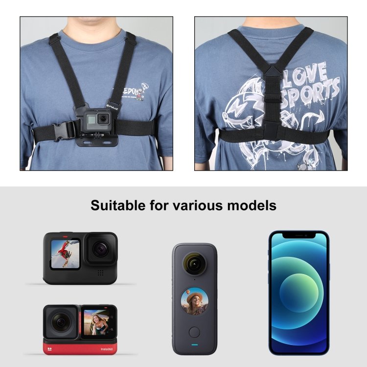 Original Factory PULUZ 5 in 1 Adjustable Elastic Mobile Phone Holder Chest Mount Harness Strap Sports camera accessories