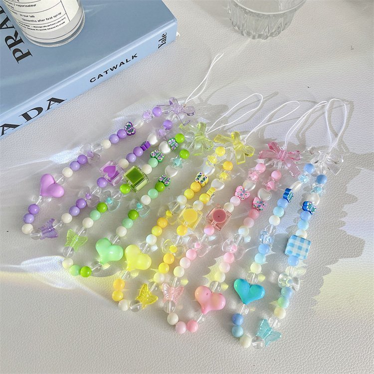 Wholesale Handmade Rainbow Color Fruit Pearl Beaded Phone Lanyard Wrist Strap Mobile Phone Charm Chain
