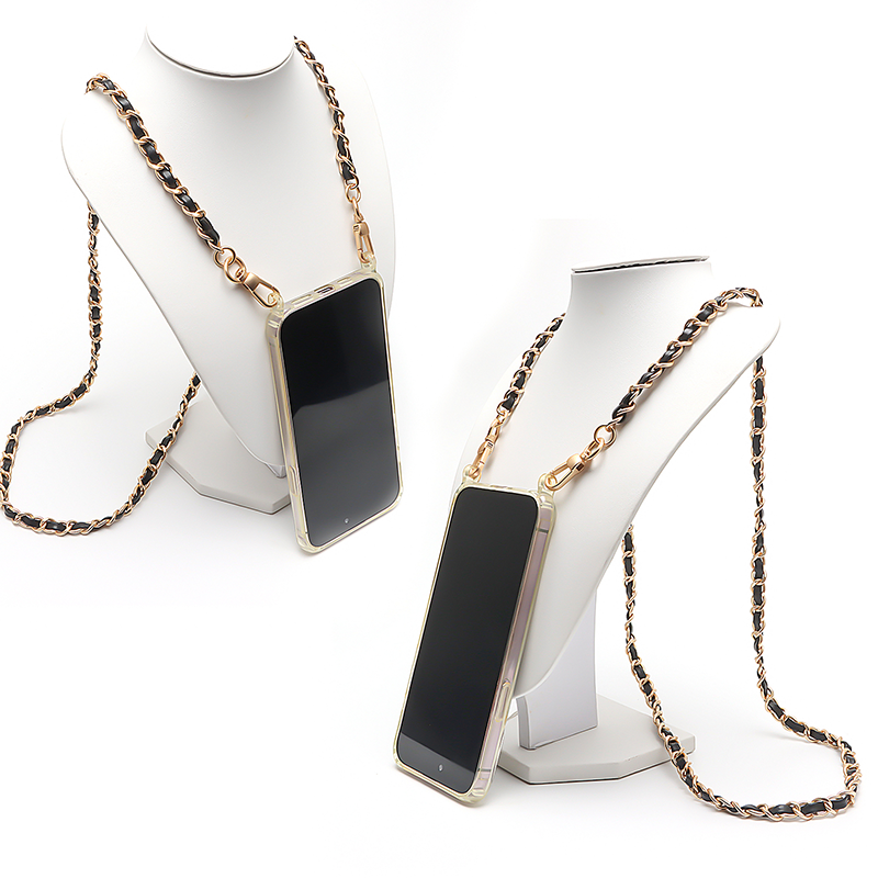 Fashionable Hanging Neck Hand Pull Rope Cell Phone Accessories Pu Vegan Mobile Leather With Metal Phone Crossbody Strap