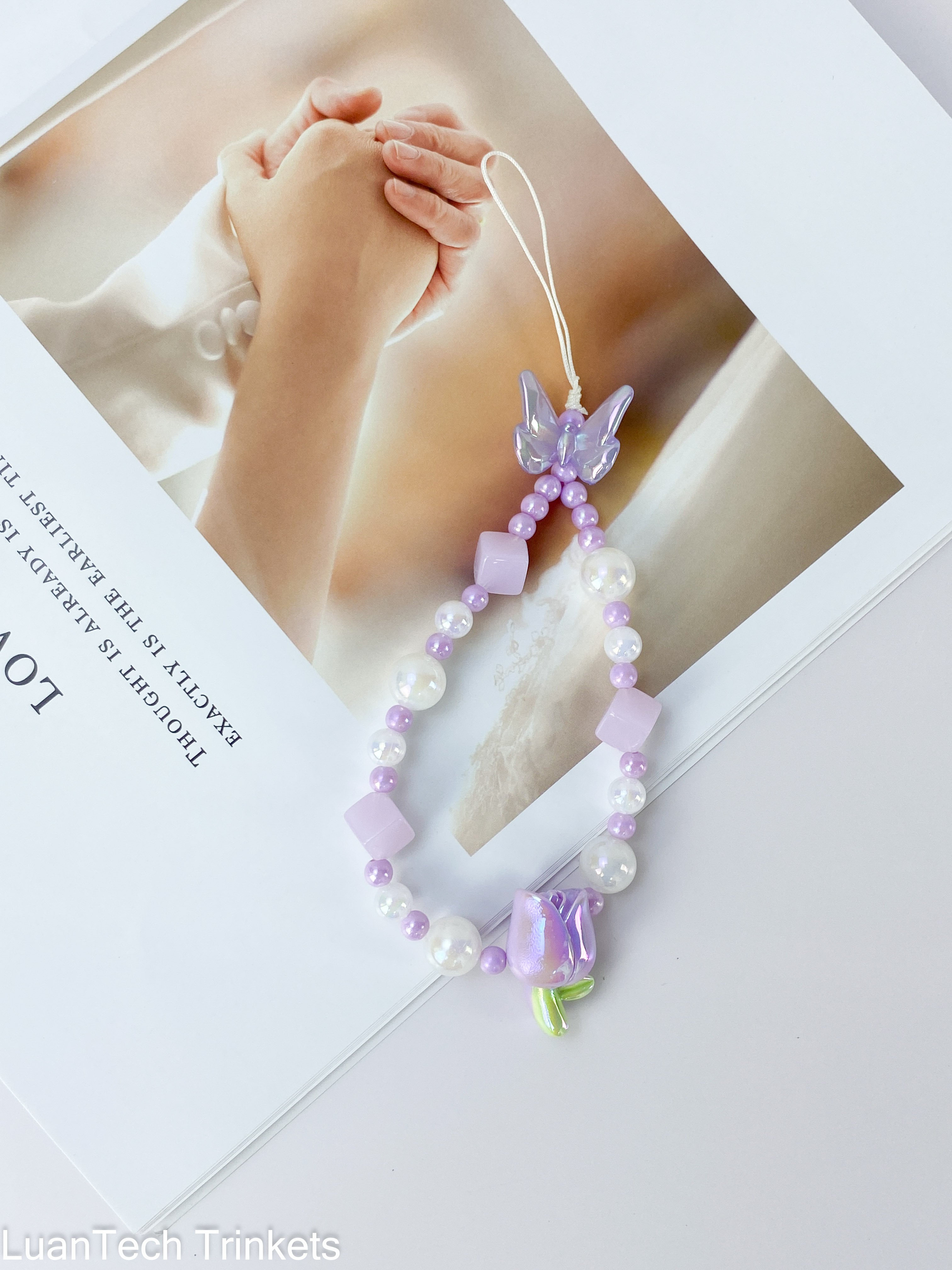 Colorful Crystal Butterflies Chain Mobile Phone Lanyard Cell Phone Charm Straps Acrylic Pendant Anti-Lost