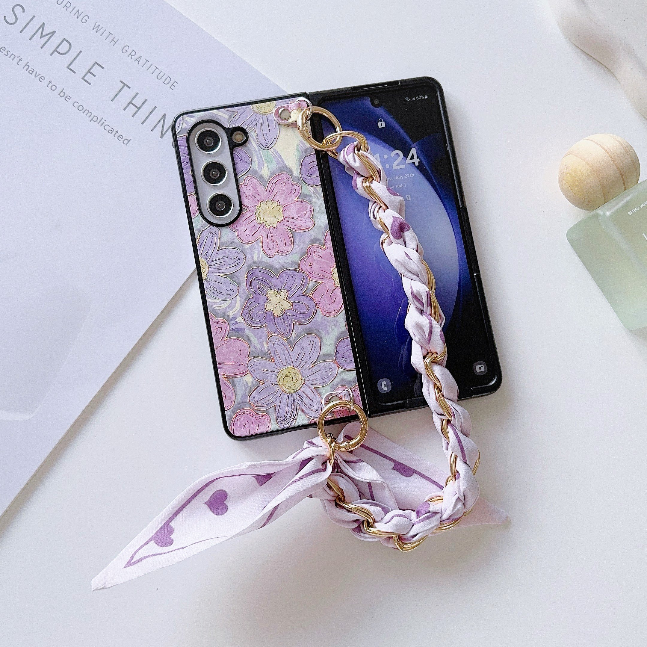 Latest Vintage Stamping PC Phone Case With Silk Scarf Gold Chain For Samsung Galaxy Z Fold 6 5 4 3 vivo XFold Xiaomi Fold 2 3