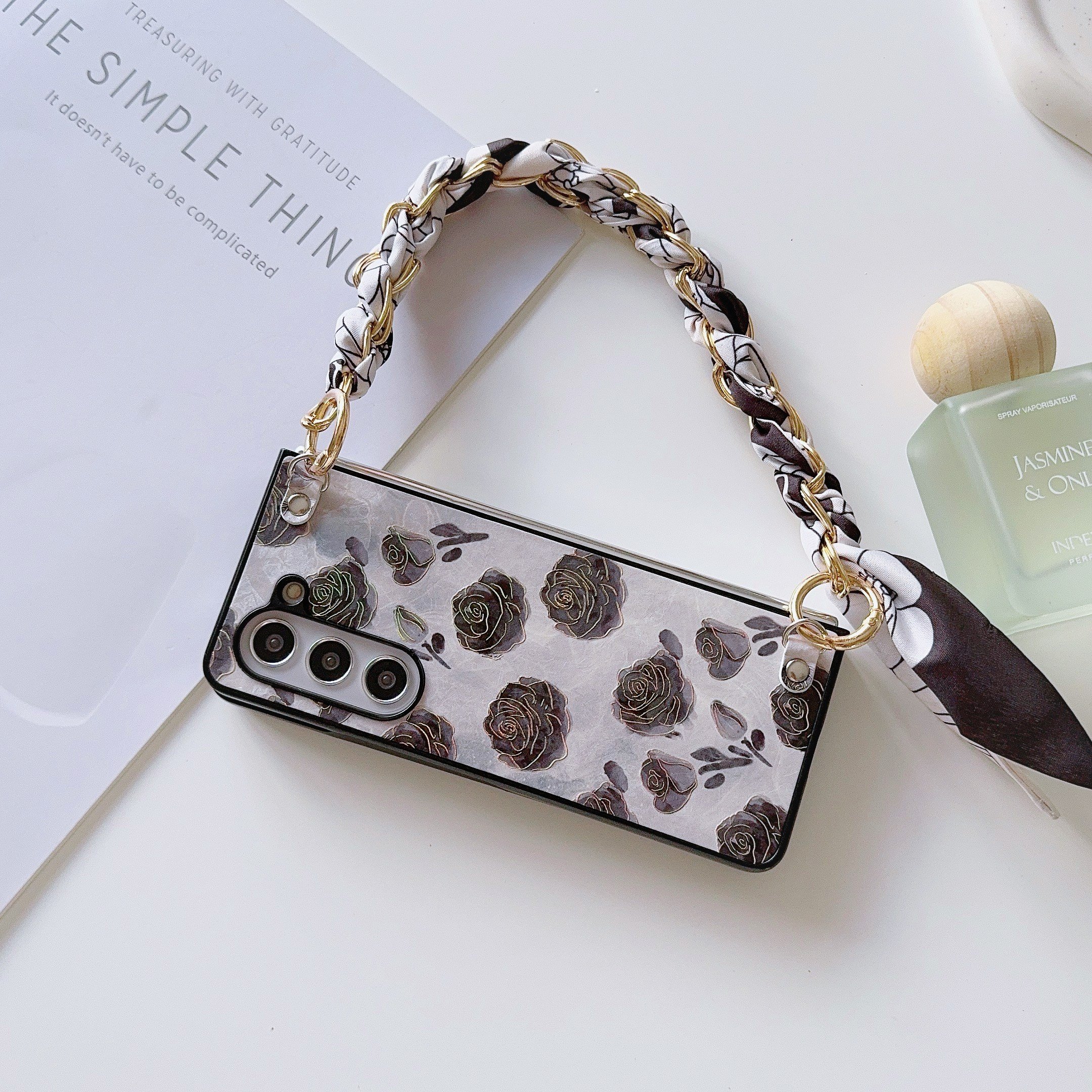 Latest Vintage Stamping PC Phone Case With Silk Scarf Gold Chain For Samsung Galaxy Z Fold 6 5 4 3 vivo XFold Xiaomi Fold 2 3