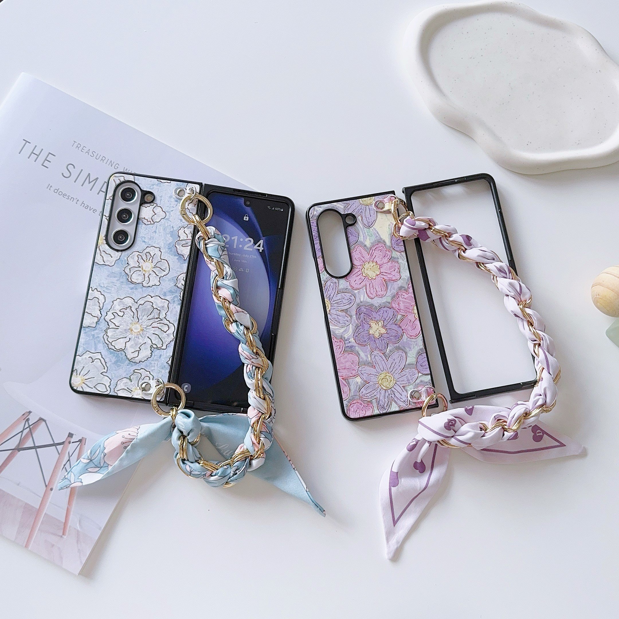 Latest Vintage Stamping PC Phone Case With Silk Scarf Gold Chain For Samsung Galaxy Z Fold 6 5 4 3 vivo XFold Xiaomi Fold 2 3
