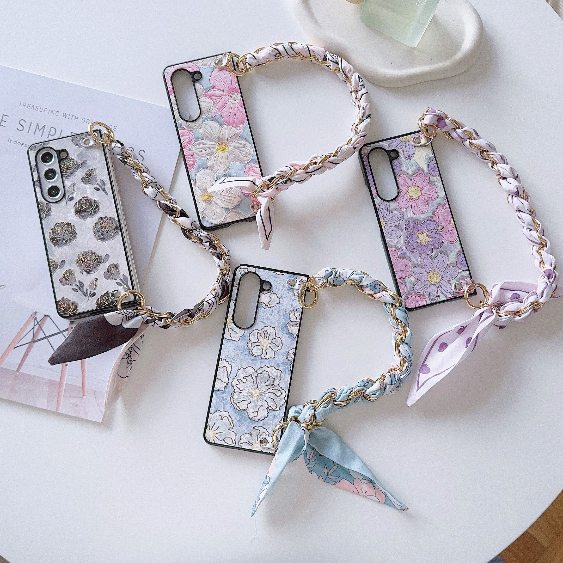 Latest Vintage Stamping PC Phone Case With Silk Scarf Gold Chain For Samsung Galaxy Z Fold 6 5 4 3 vivo XFold Xiaomi Fold 2 3