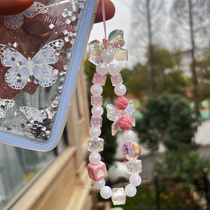 New phone lanyard creative small fresh butterfly color beaded chain mobile phone strap accessories mobile phone decorative chain
