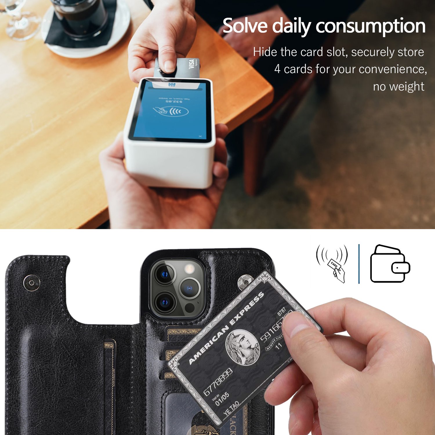 For iPhone 13 Pro Wallet Phone Case with Card Slots Holder PU Leather Kickstand Magnetic Clasp Shockproof Flip Cover
