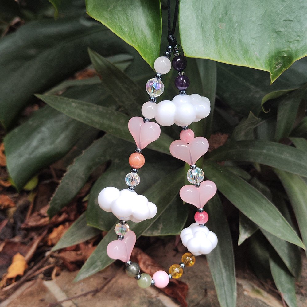 Cute Y2k Heart White Cloud Natural Stone Wrist Beaded Phone Strap Chain Bead Lanyard Phone Case Charm Rope Cord Accessories Girl